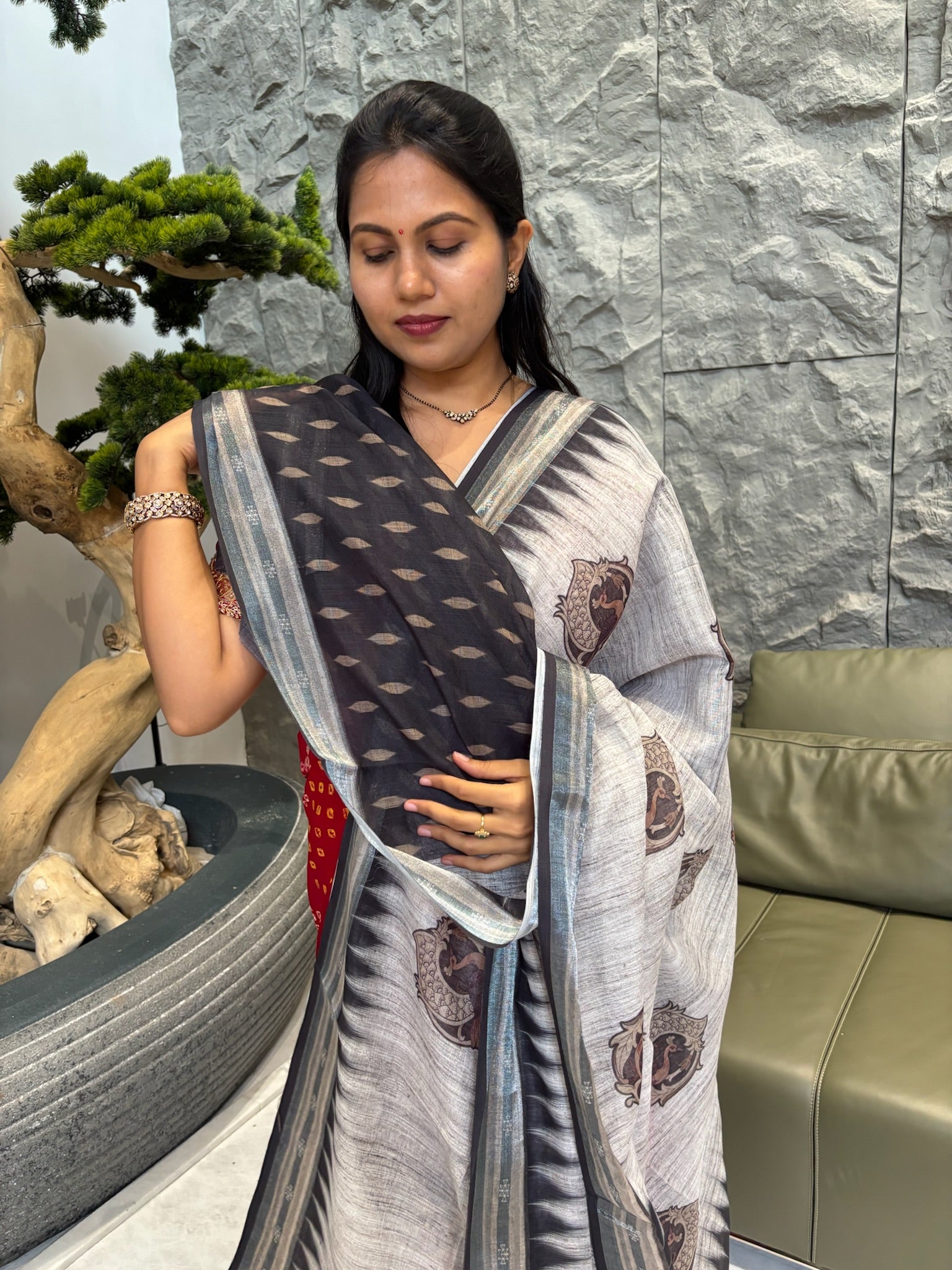 Grey linen single peacock design