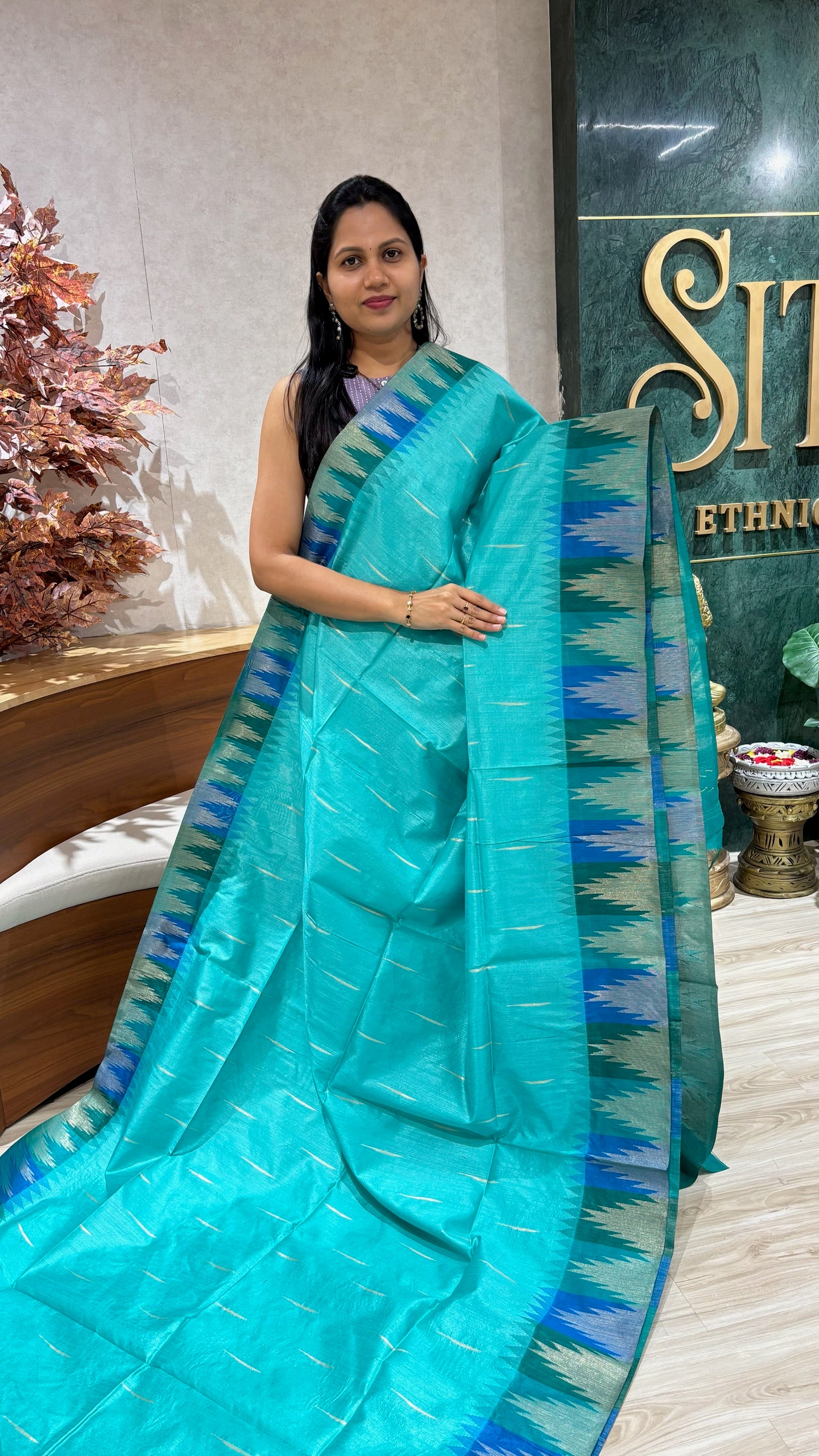 Fancy tussar temple border sea blue