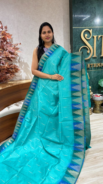 Fancy tussar temple border sea blue