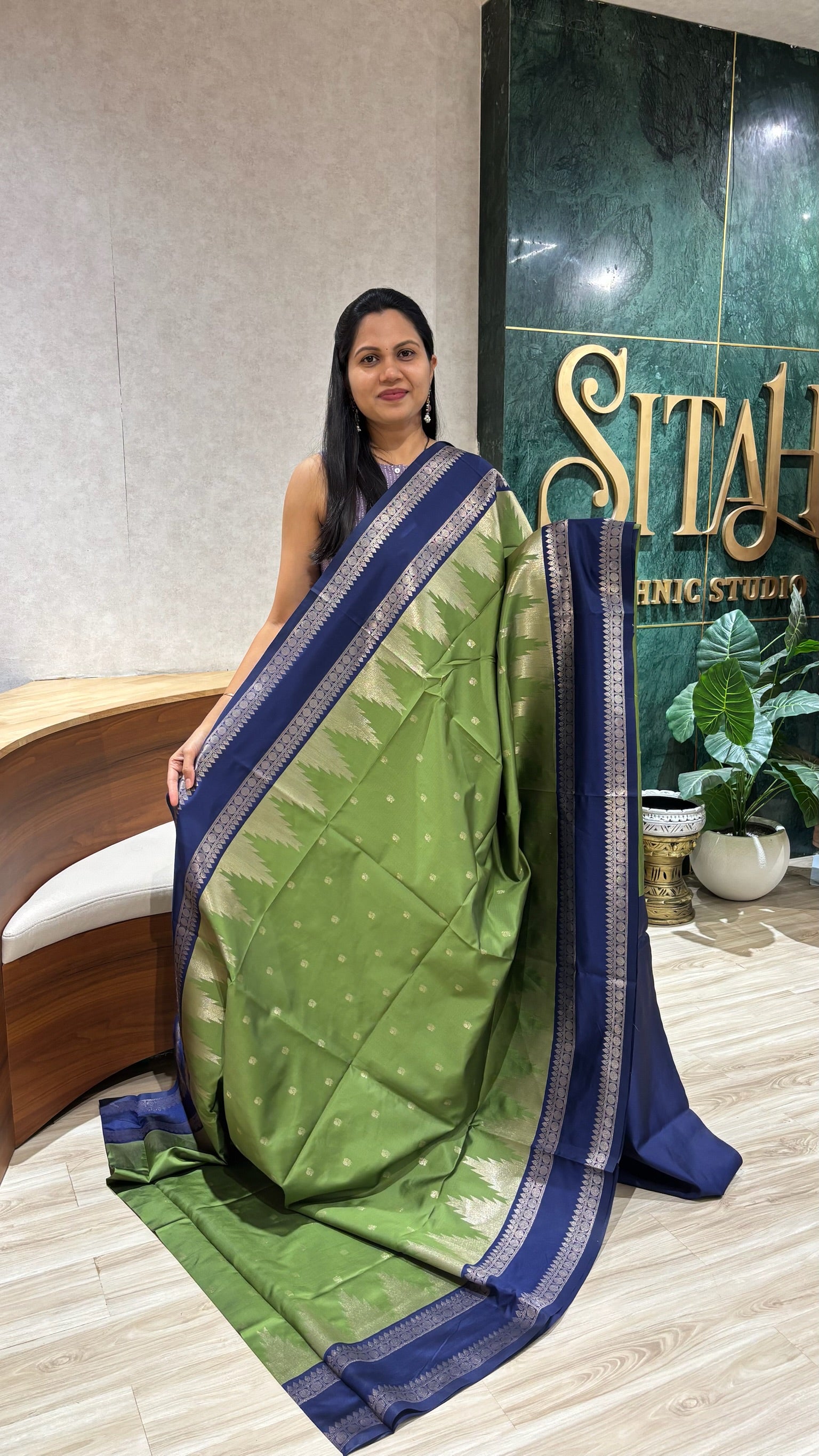 Fancy silk temple border green-blue