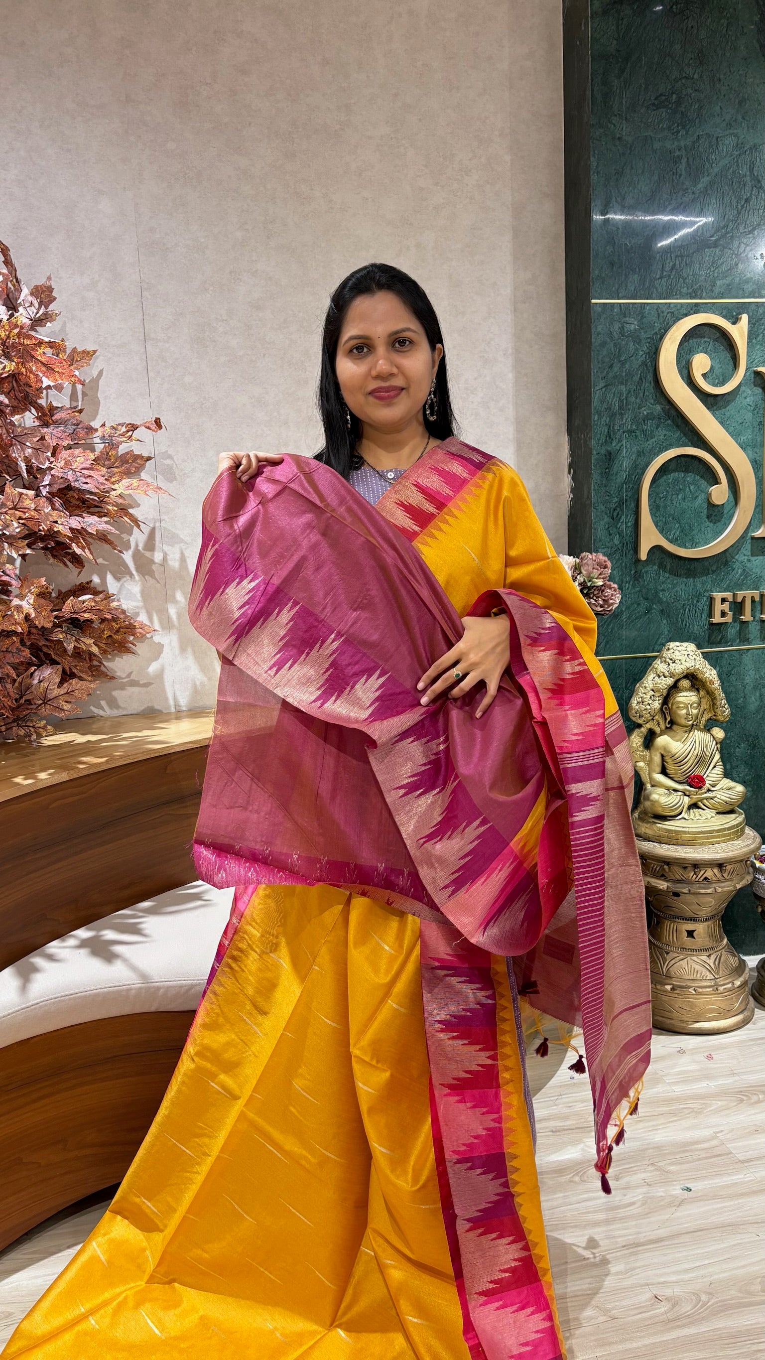 Fancy tussar temple border yellow