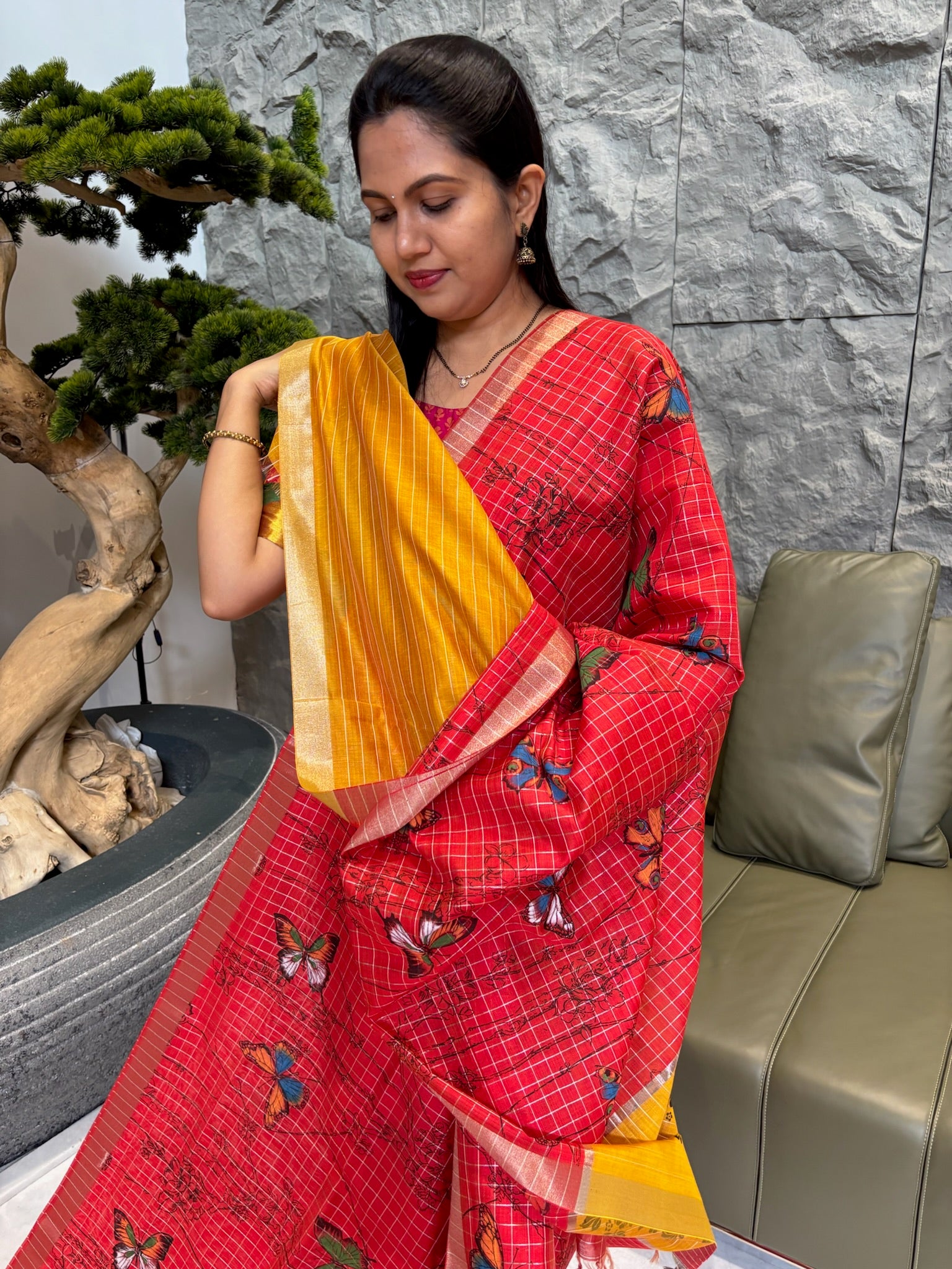 Fancy tussar red yellow