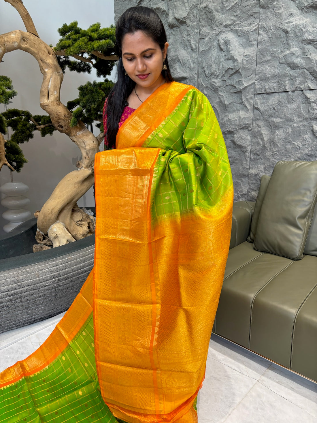 Handloom gadwal green yellow