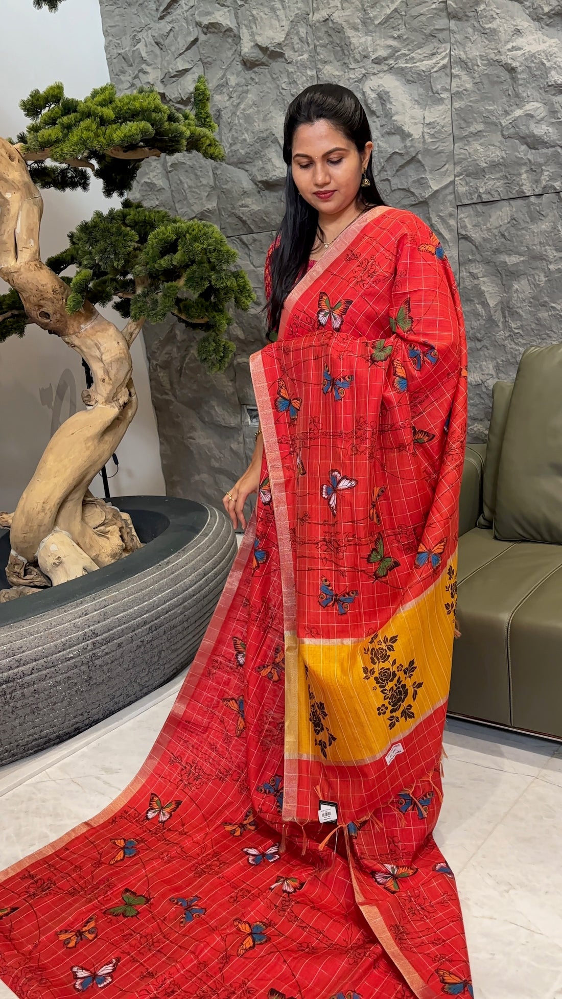 Tussar prints orange yellow