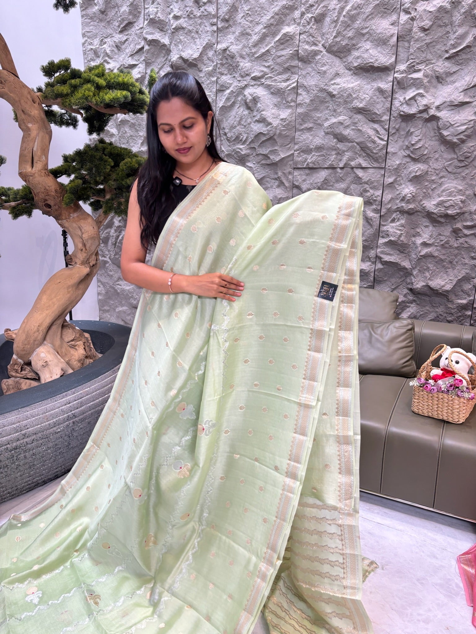 Chanderi saree pista green