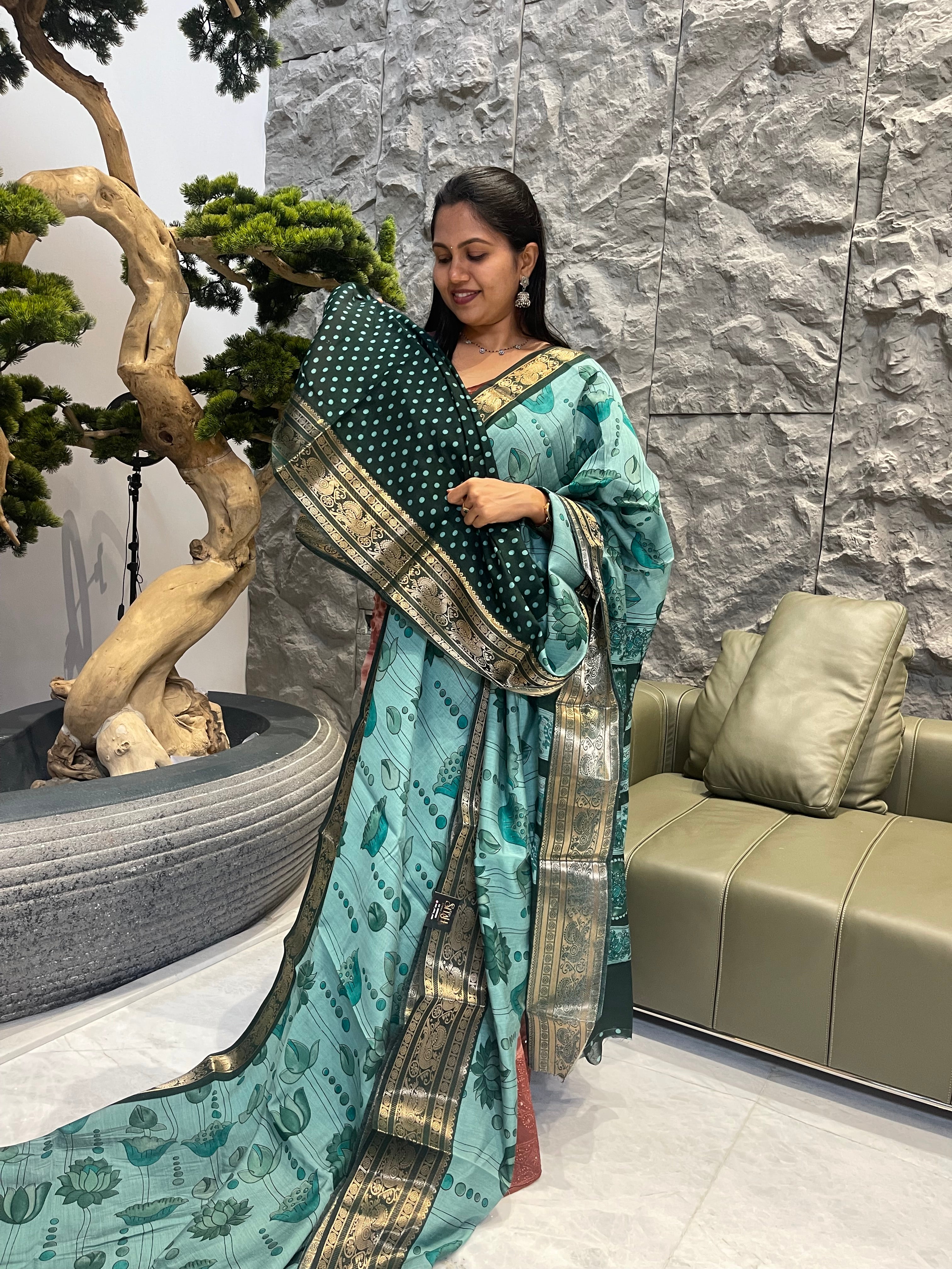 Aqua blue with green mangalgiri silk saree