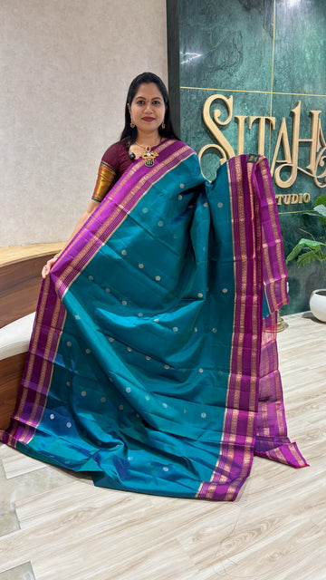 Handloom kanchi peacock green -magenta pink