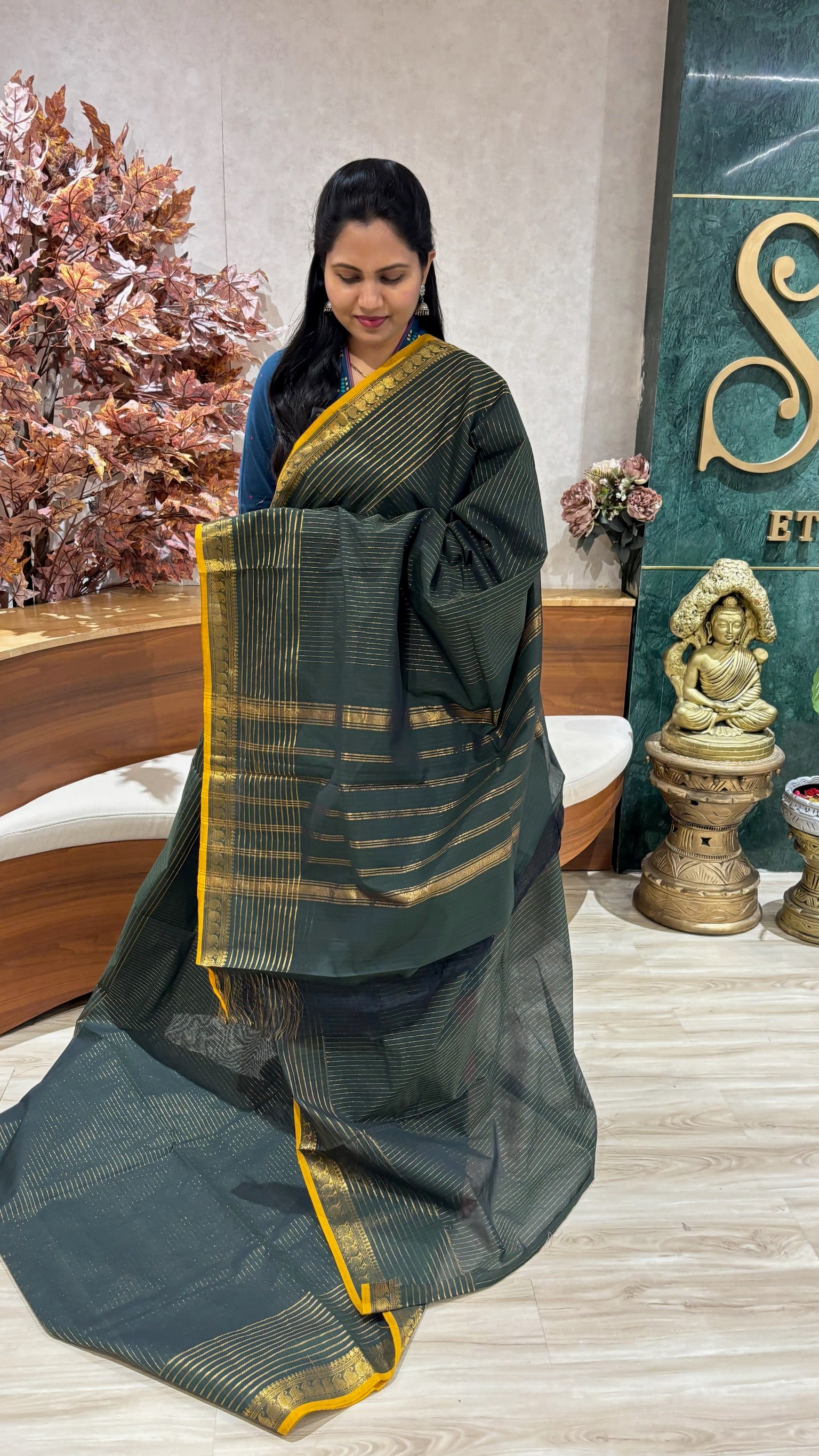 Kanchi cotton with running blouse-dark green