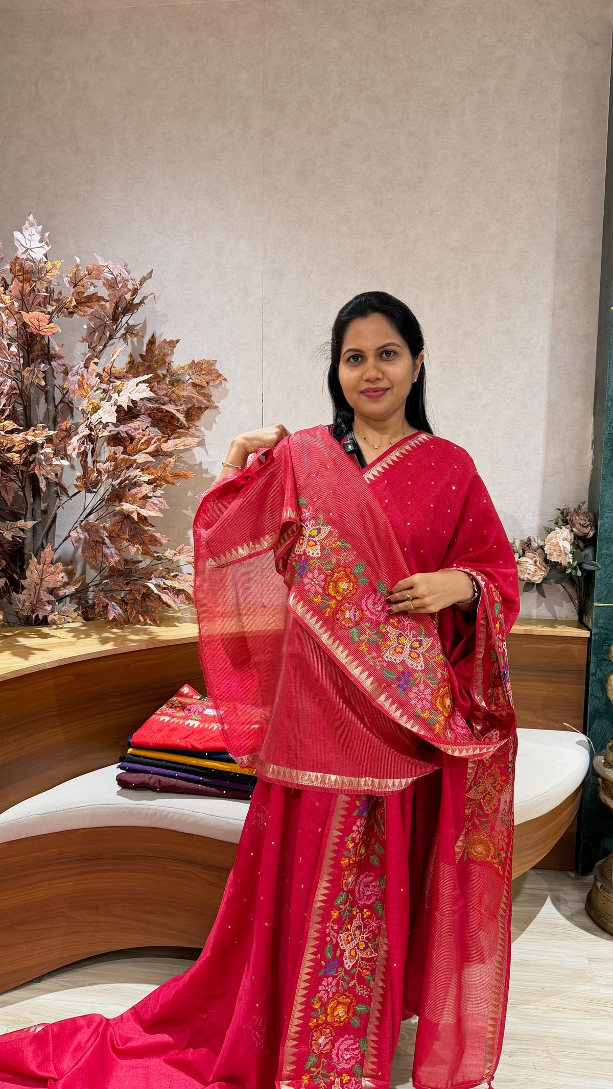Tussar embroidery rani pink