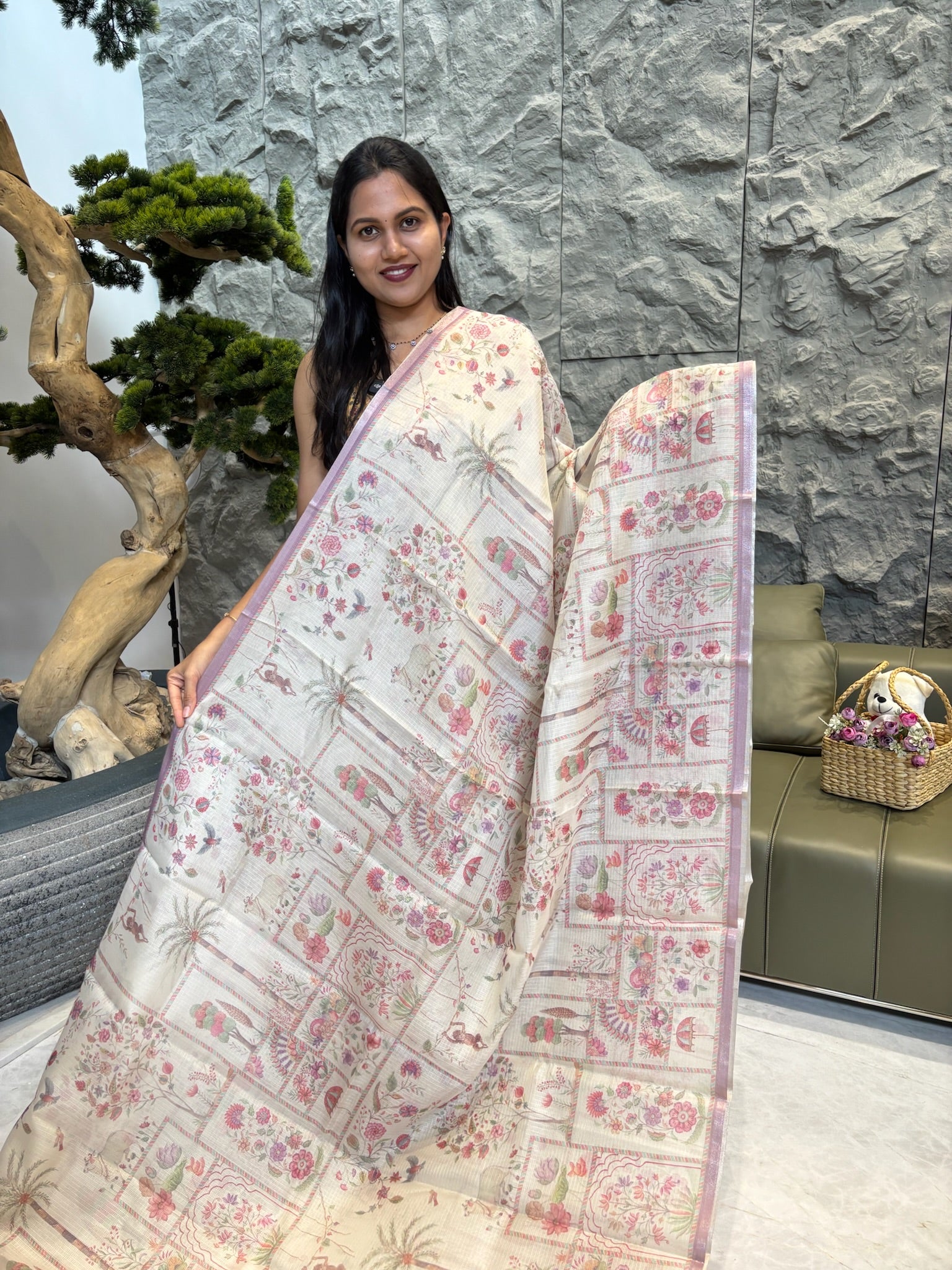 Cream lavender kota saree