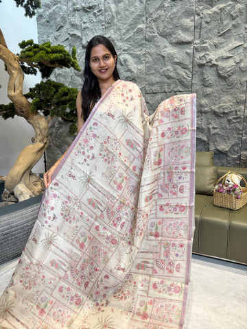 Cream lavender kota saree