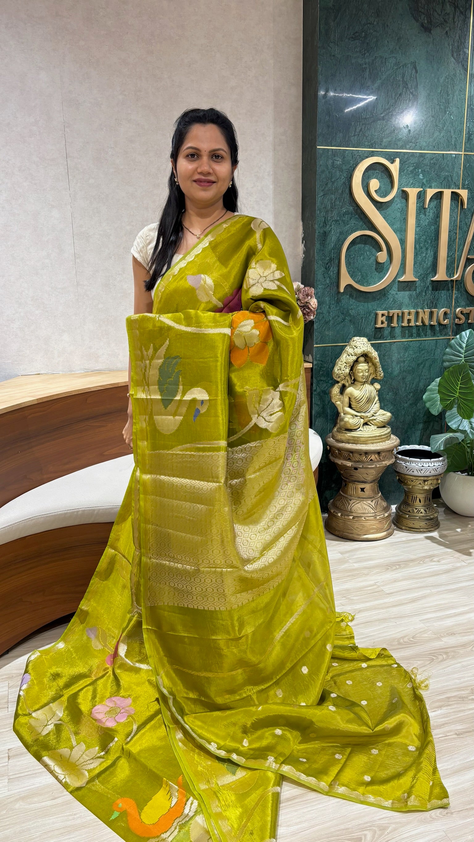 Paper silk swan all over mehendi green