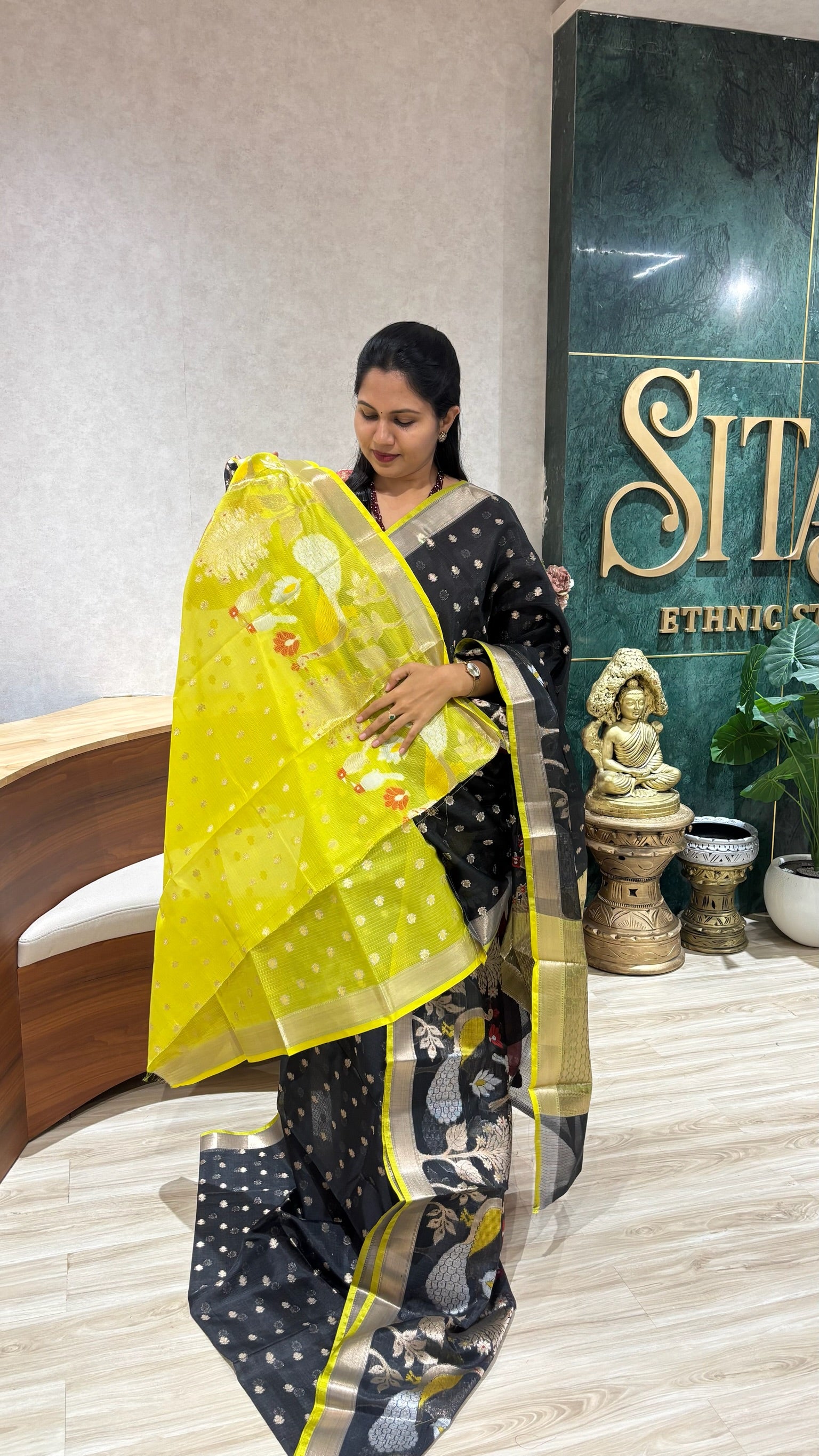 Silk kota saree black yellow