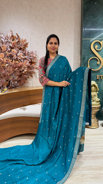 Chinnon crepe work saree tealblue