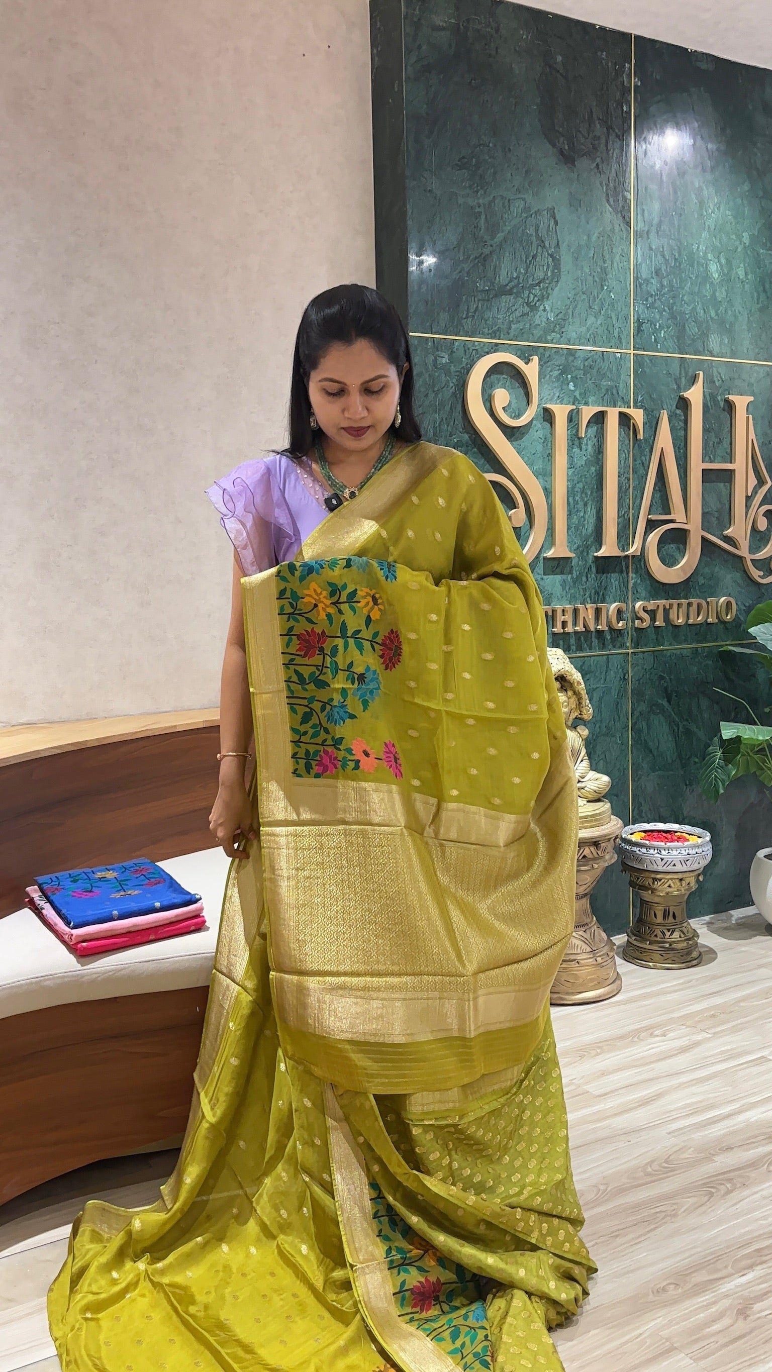 Crepe organza mehndi green