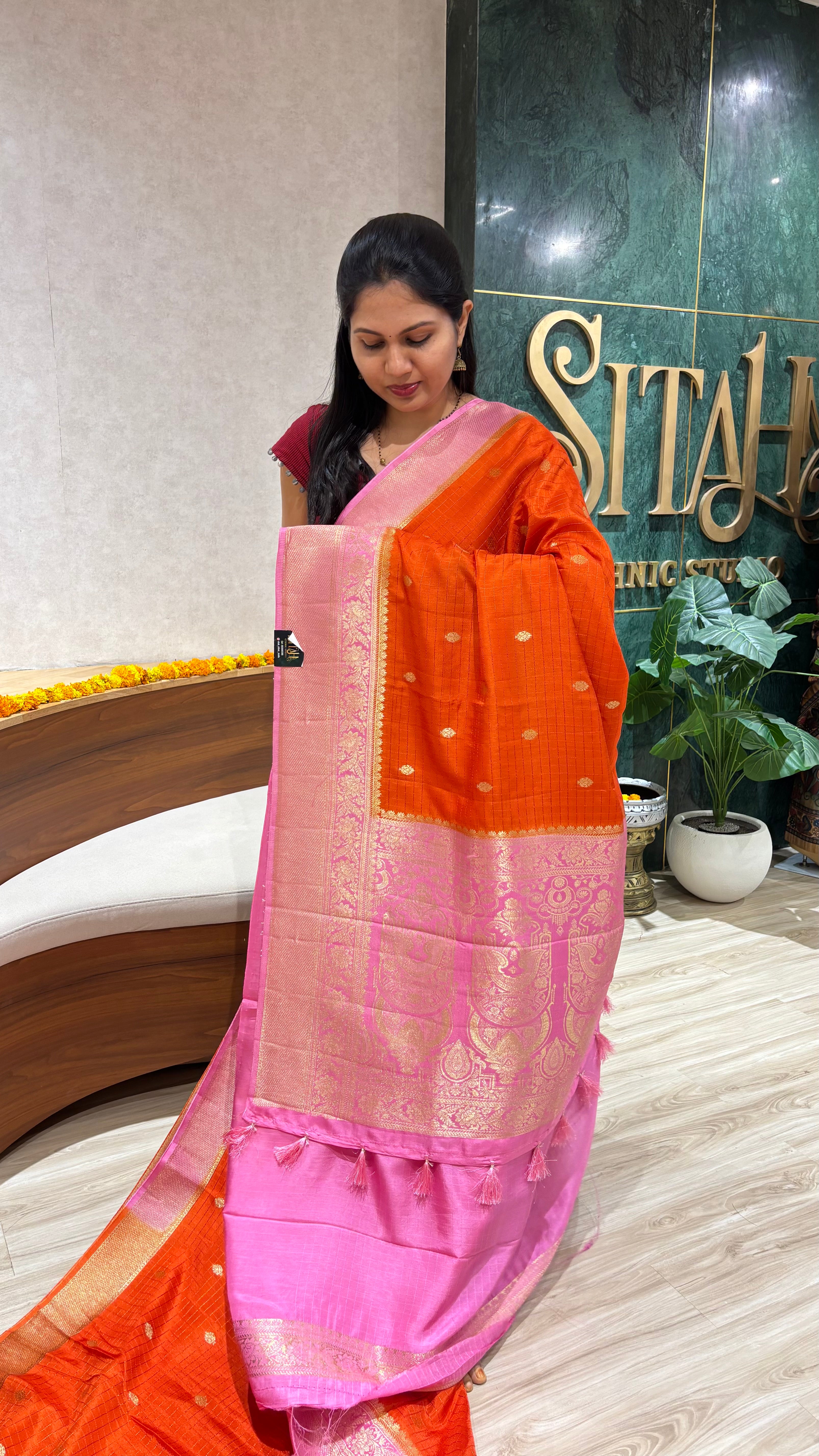 Georgette saree orange pink