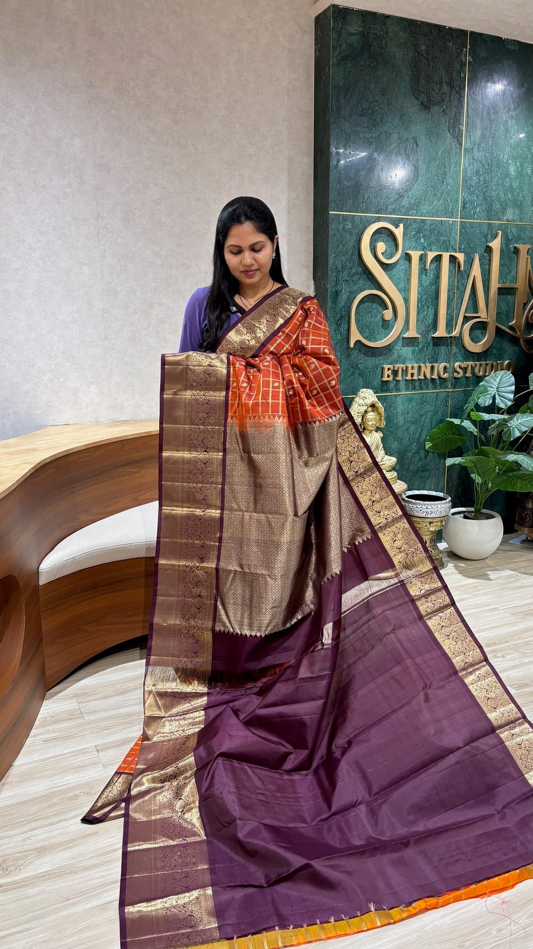 Handloom Kanchi pattu rust checks