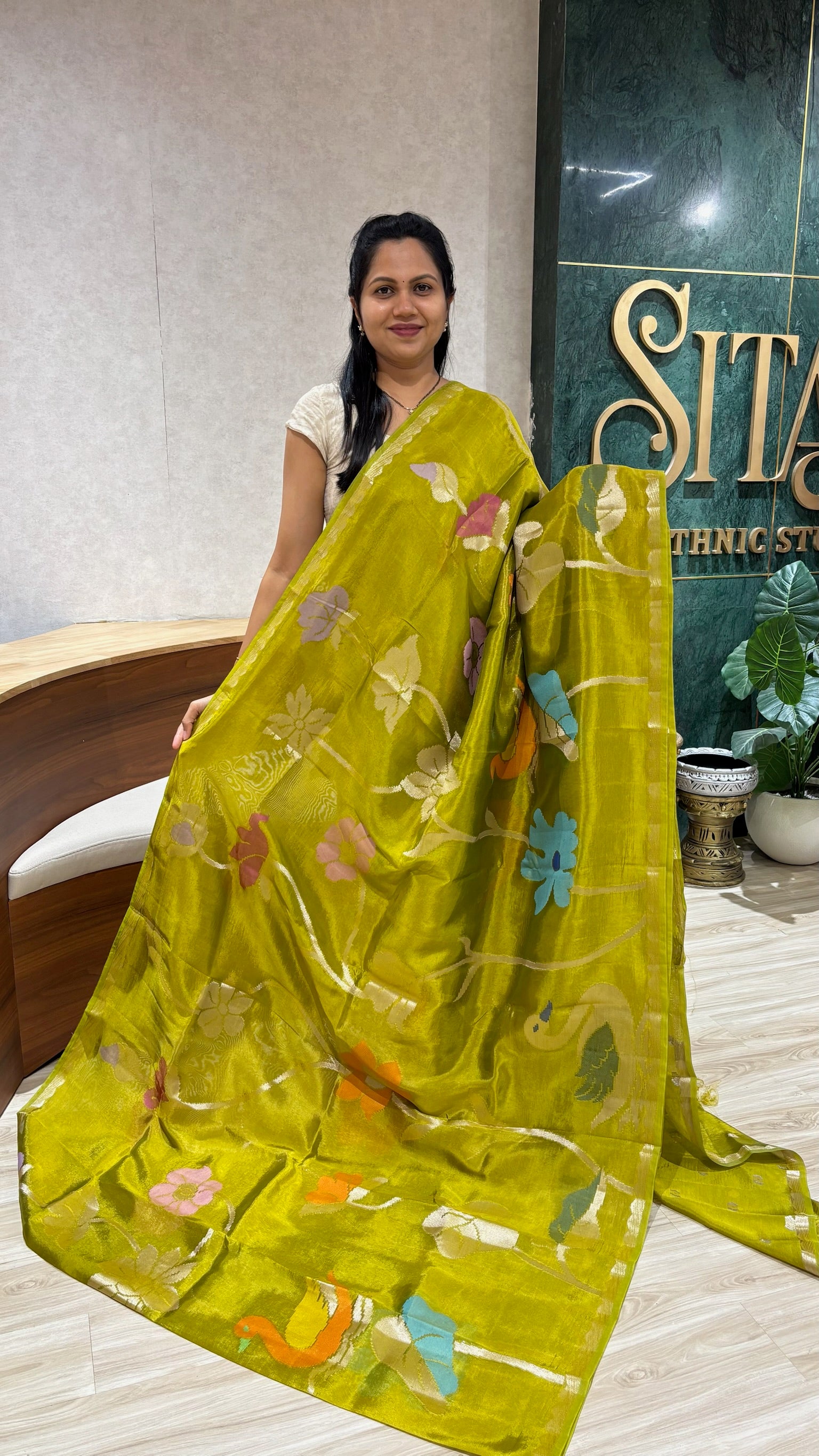 Paper silk swan all over mehendi green
