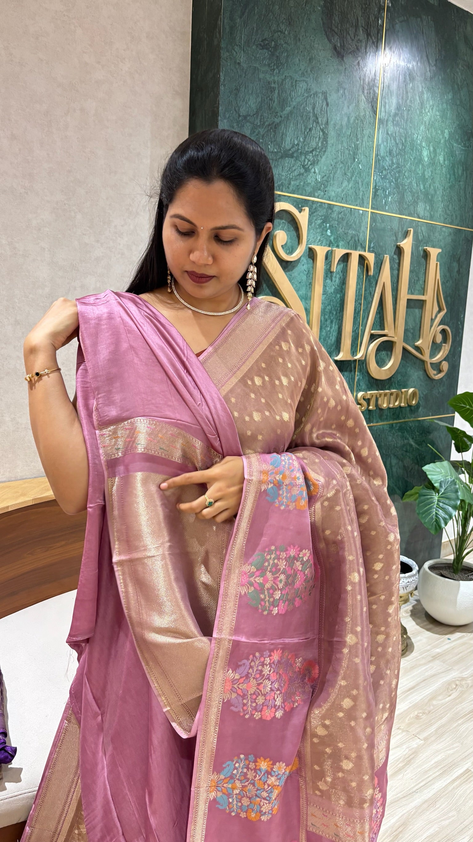 Banaras tissue mashru borders pastel pink