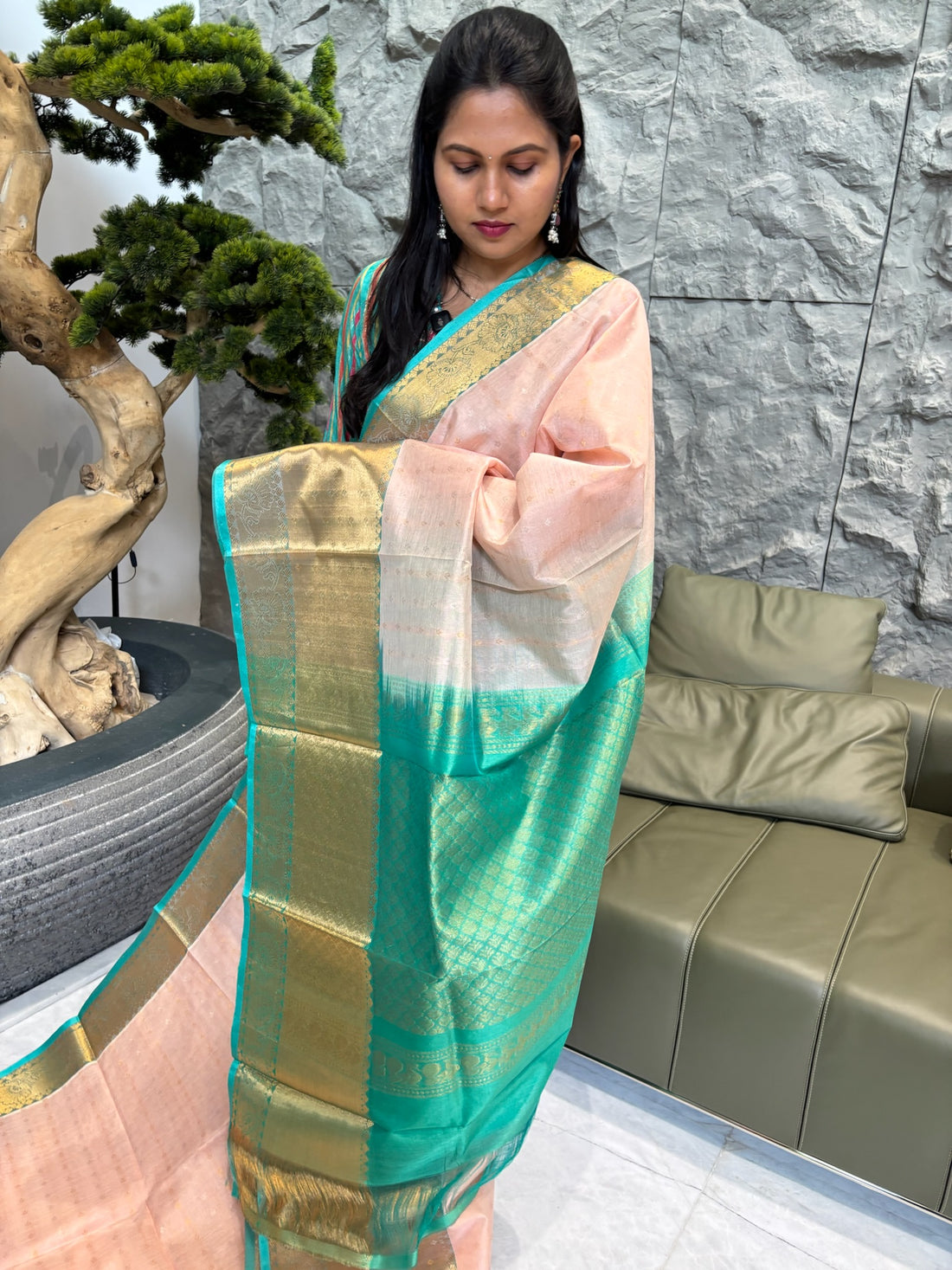 Mangalagiri pattu kanchi style peach sea green