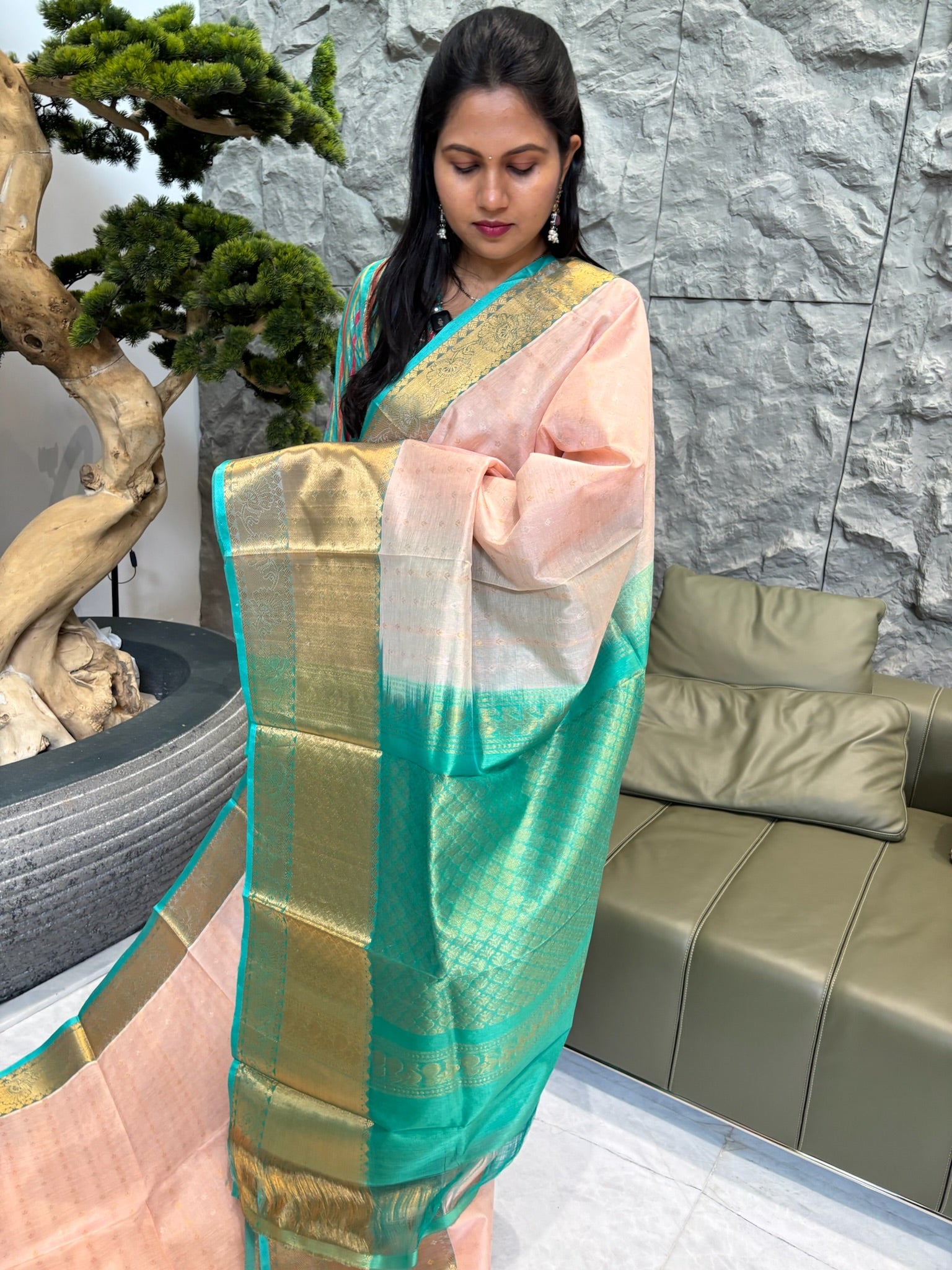 Mangalagiri pattu kanchi style peach sea green