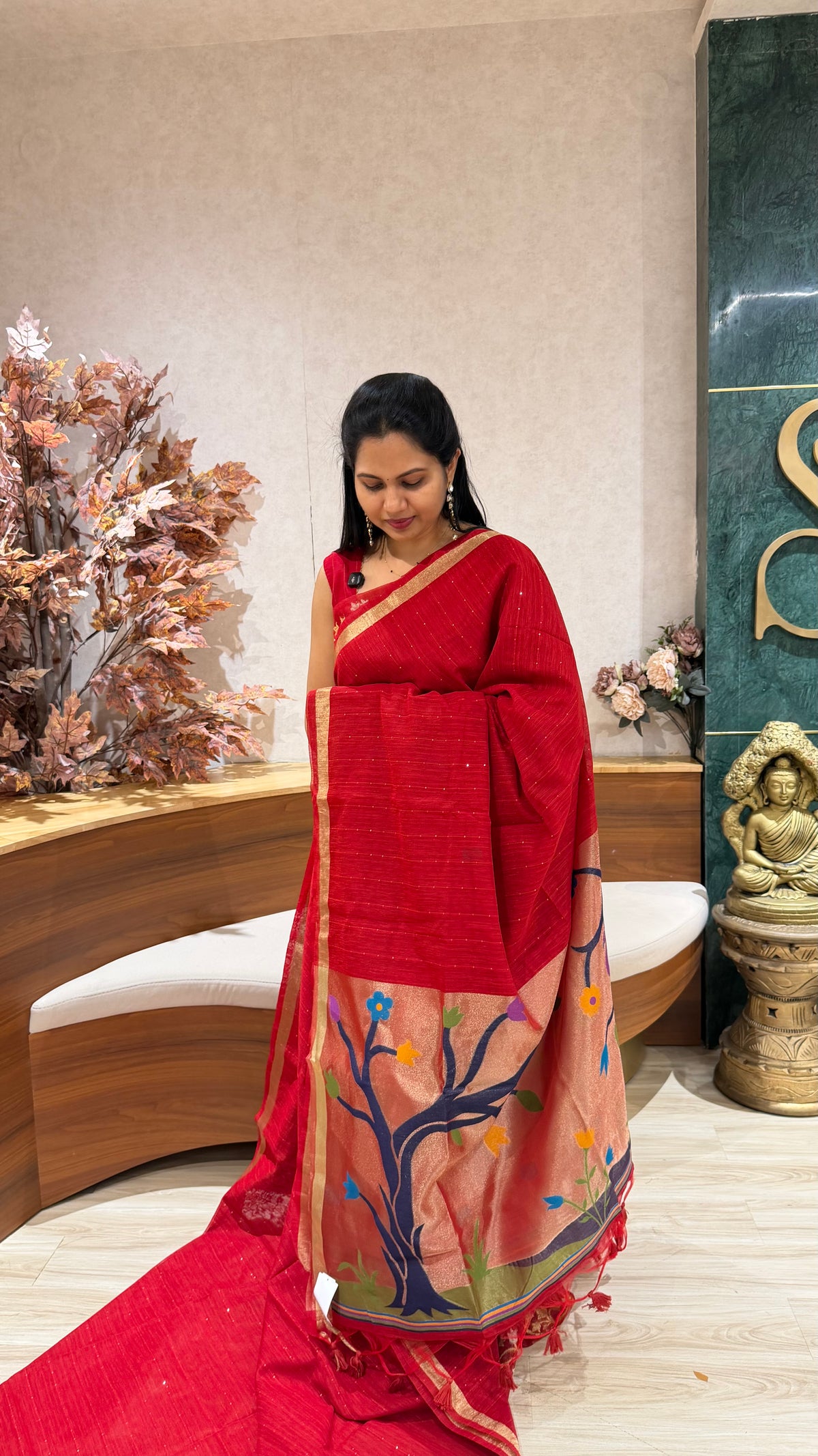 Red linen Paithani saree