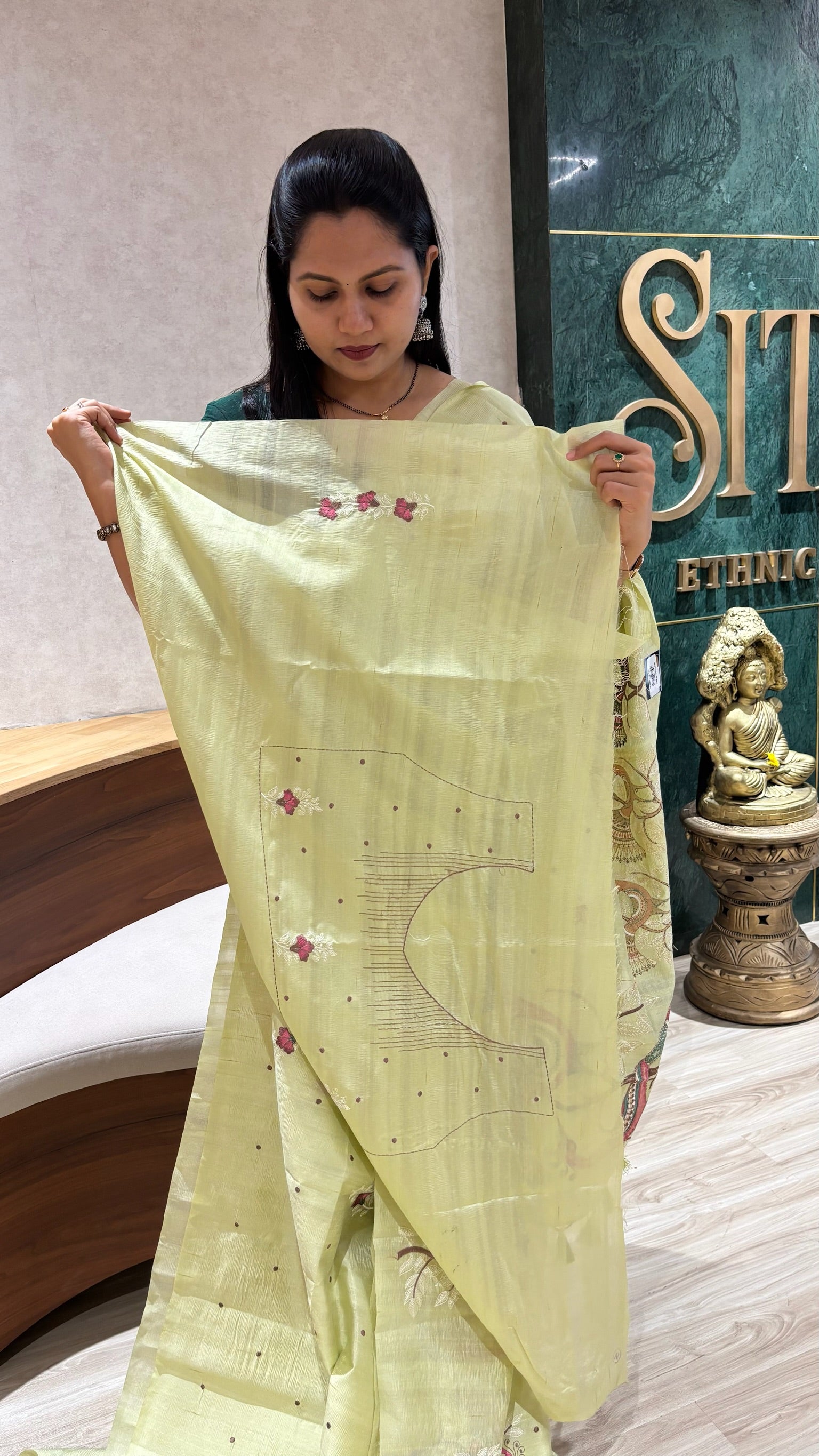 Tussar embroidery parrot green