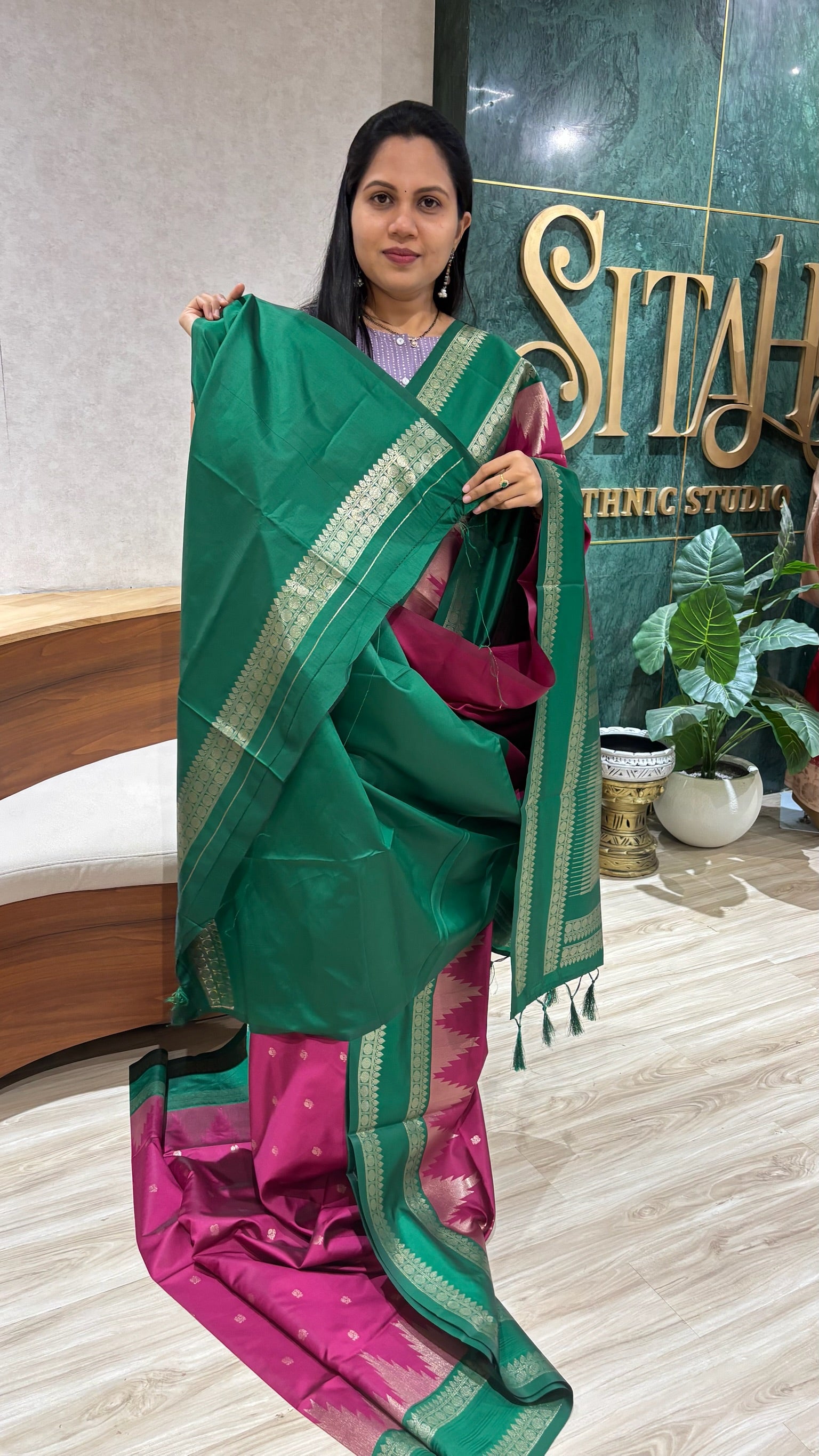 Fancy silk temple border pink- green