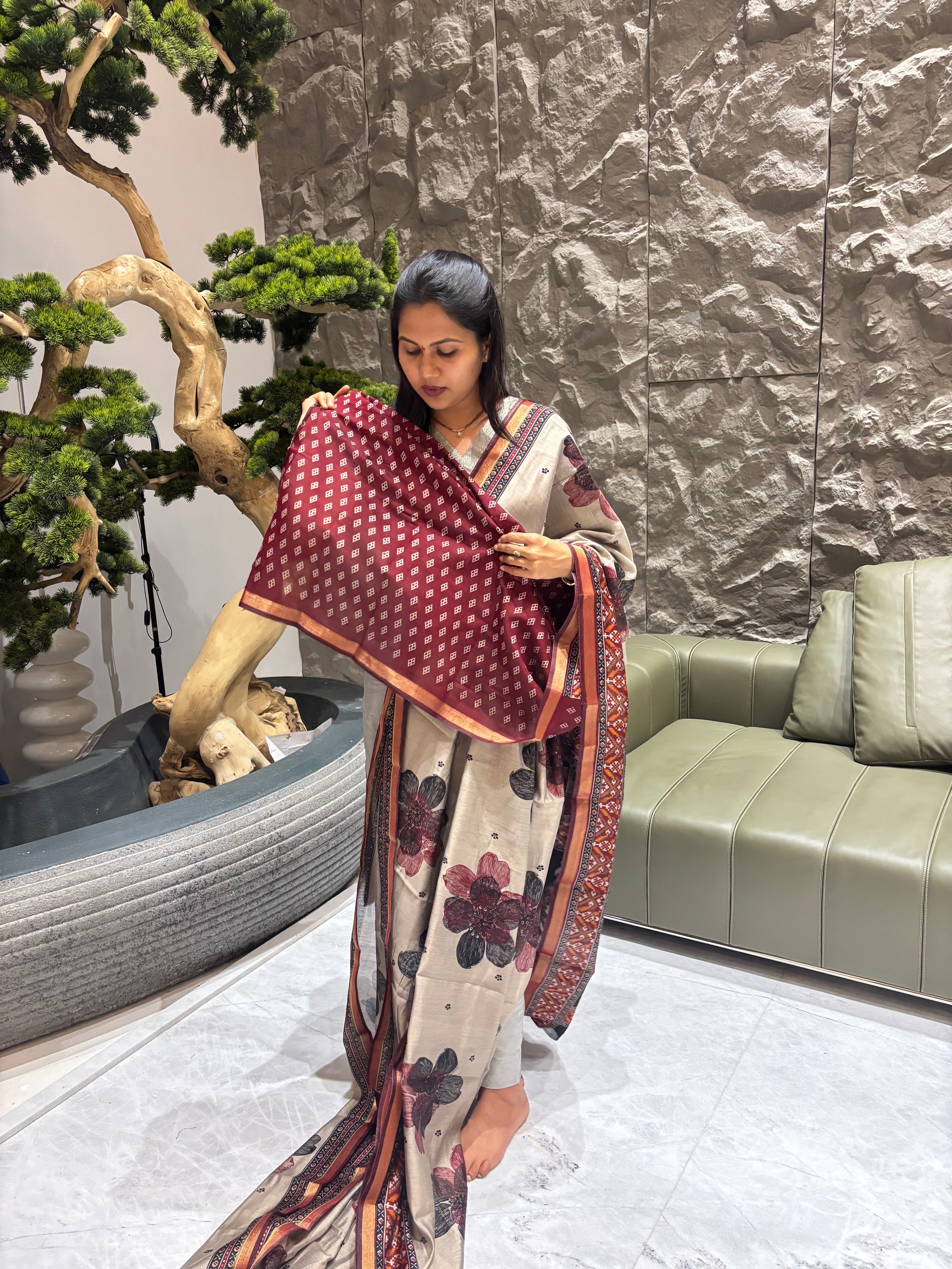 Grey maroon fancy saree