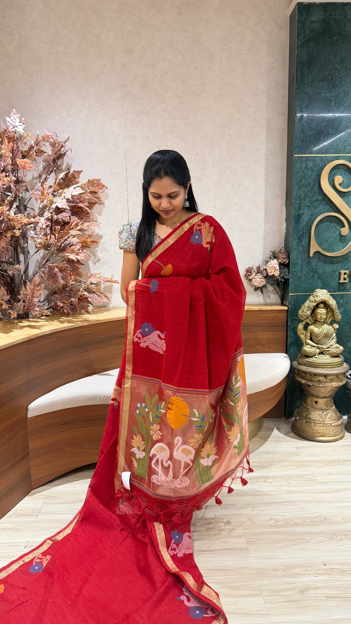 Red linen saree
