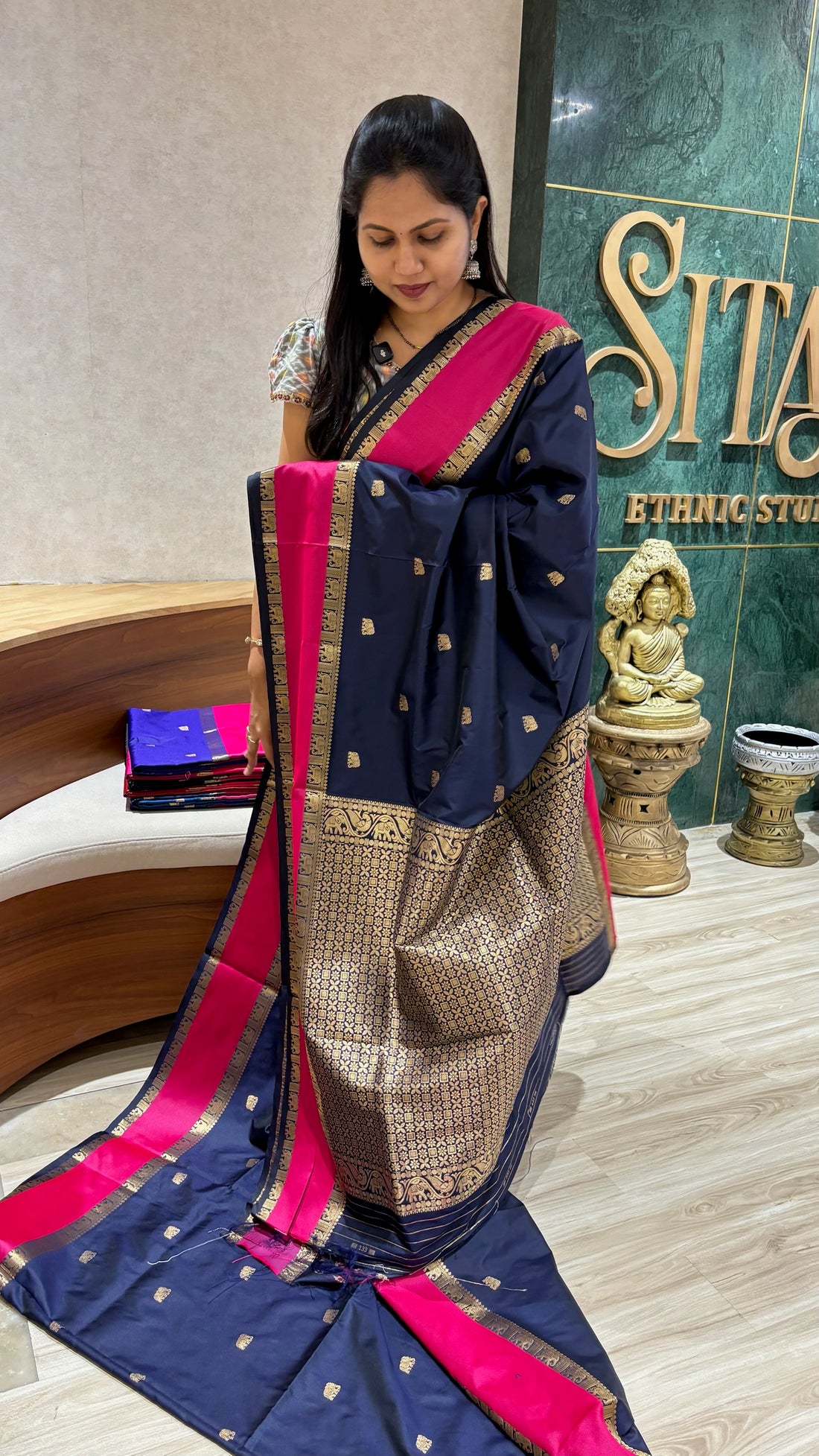 Semi pattu navy blue-pink