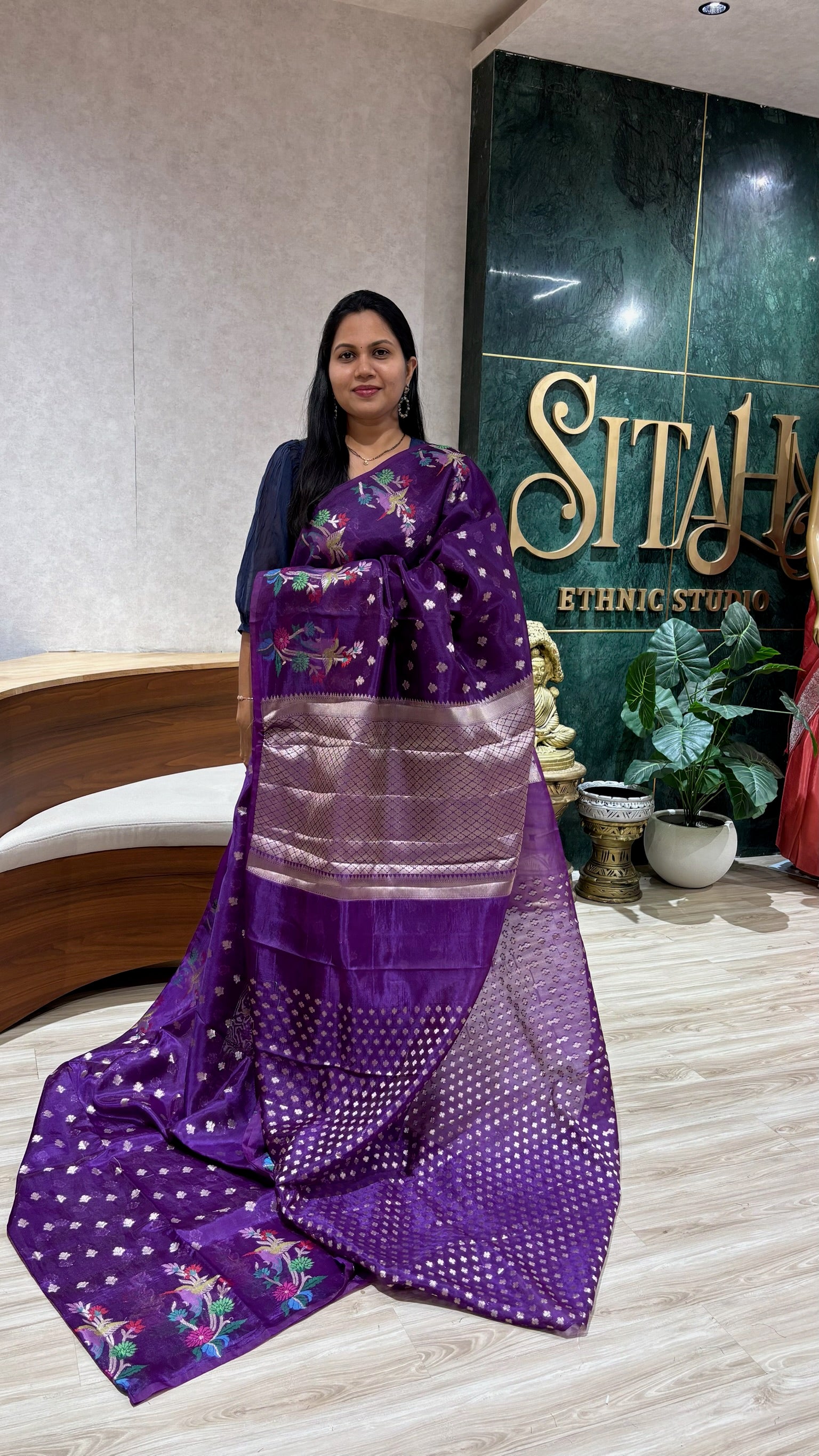 Paper silk buti border purple