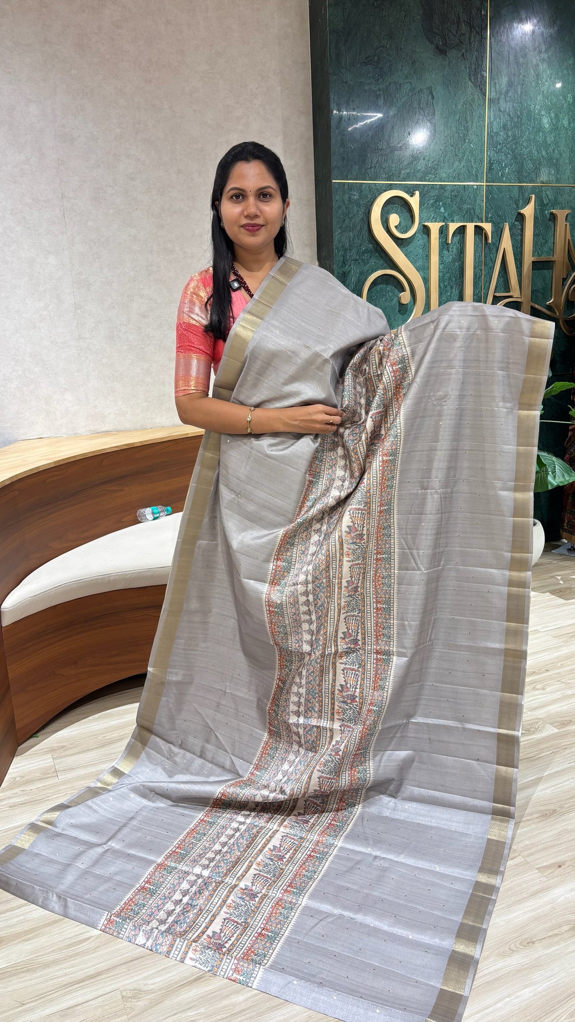 Madhubani printed tussur saree grey