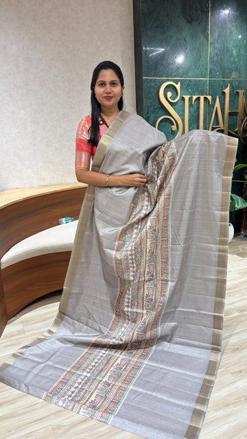 Madhubani printed tussur saree grey