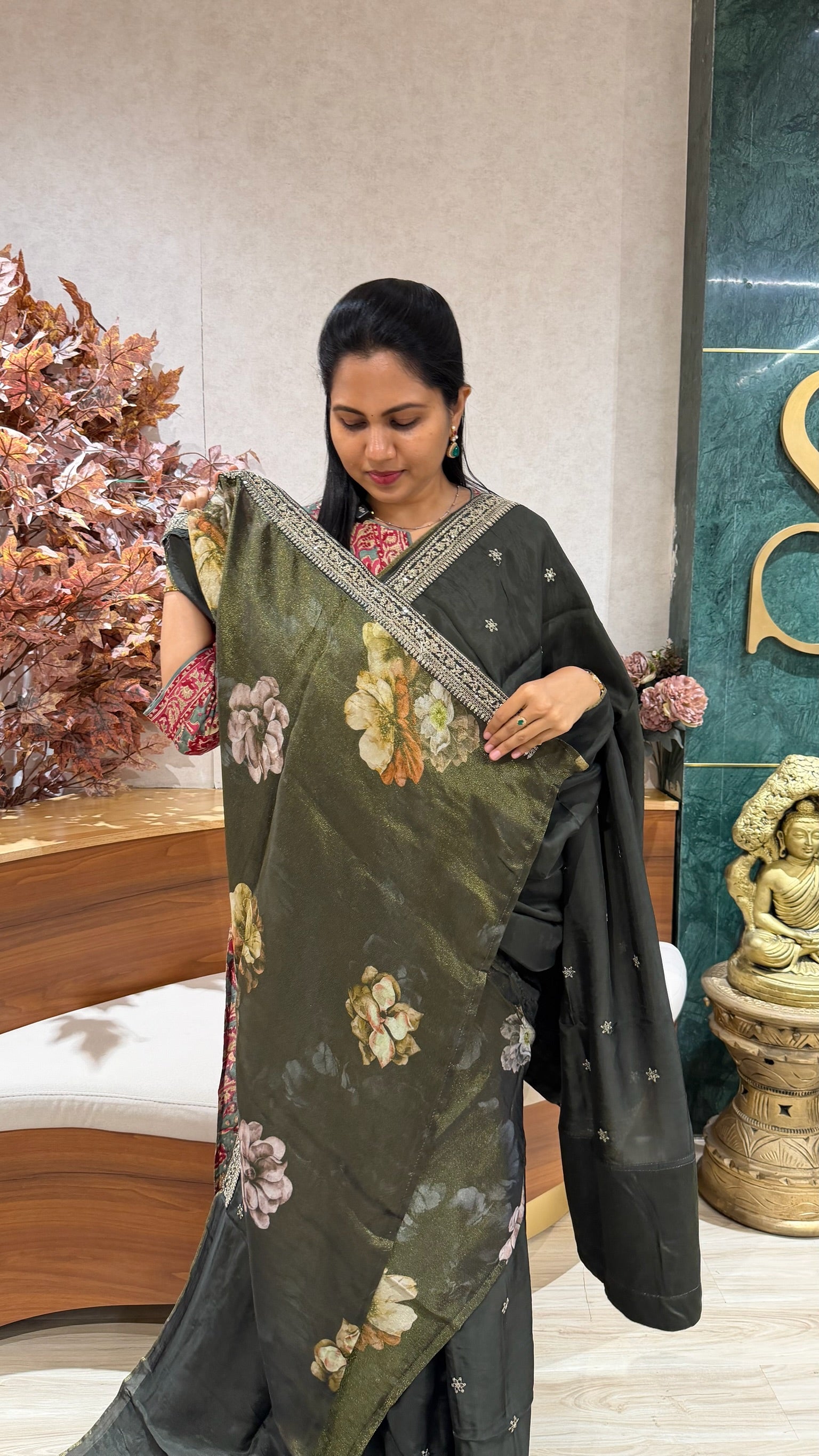 Chinnon crepe work saree algae green